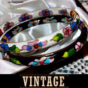 Chinese Cloisonné Vintage Bangles Pair 24k gold highlights. Porcelain over brass